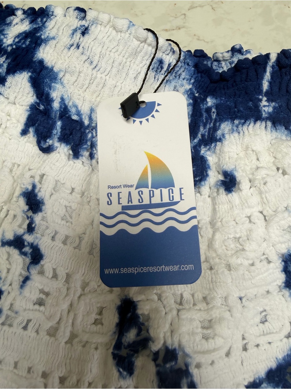 Smocked Tie-Dye Off-Shoulder Camisole - White & Navy new large - Picture 2 of 6